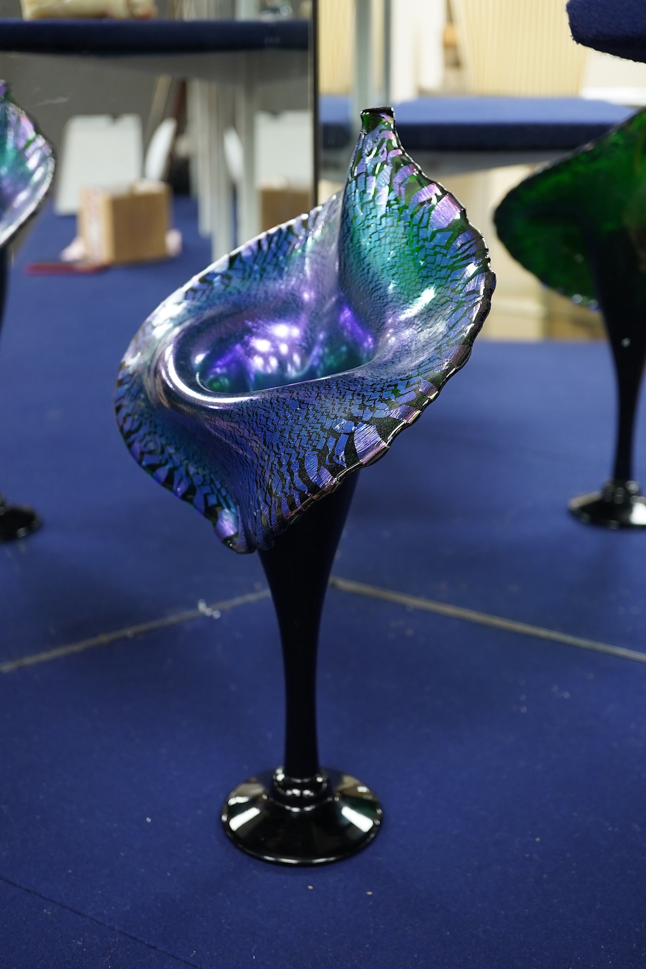 An Isle of Wight iridescent glass vase, Richard Golding Okra Luxor vase and Jack in Pulpit the box vase (3) tallest 38.5cm